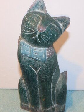 Vintage Hand-Carved Wooden Cat Figurine With Painted Details Rustic Folk Art 9"